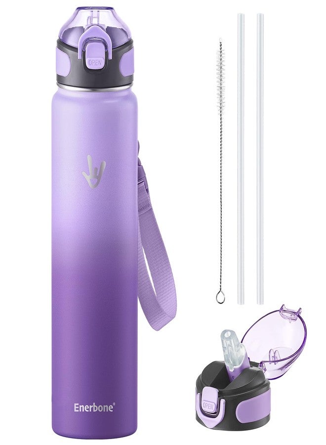 Enerbone زجاجة مياه معزولة من إنيربوين، سعة 32 أونصة، مصنوعة من الفولاذ المقاوم للصدأ، مزودة بحزام حمل، ترمس معزول بجدار مزدوج بتقنية التفريغ، زجاجة رياضية مانعة للتسرب مع ماصة، تحافظ على المشروبات ساخنة أو باردة لساعات. - Image 1