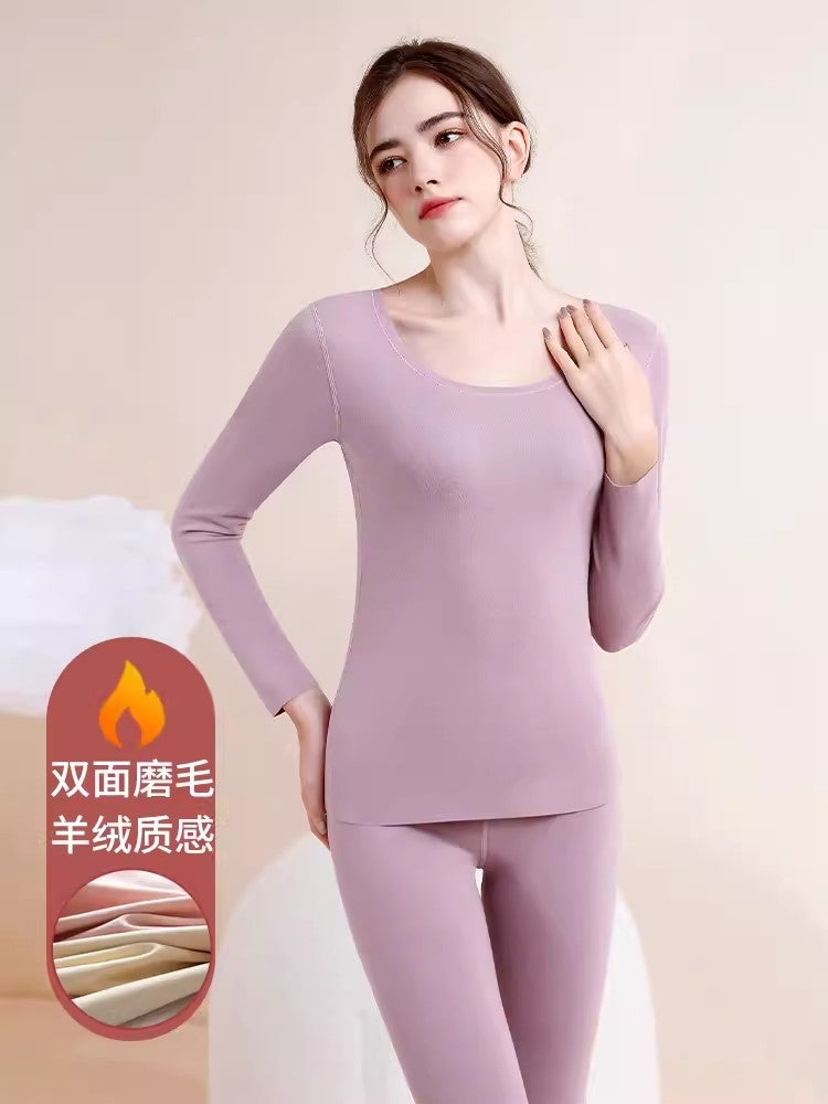 New German velvet double-sided sanding thermal underwear suit mens crew neck winter constant temperature heating autumn pants wholesale Ladies lilac purple