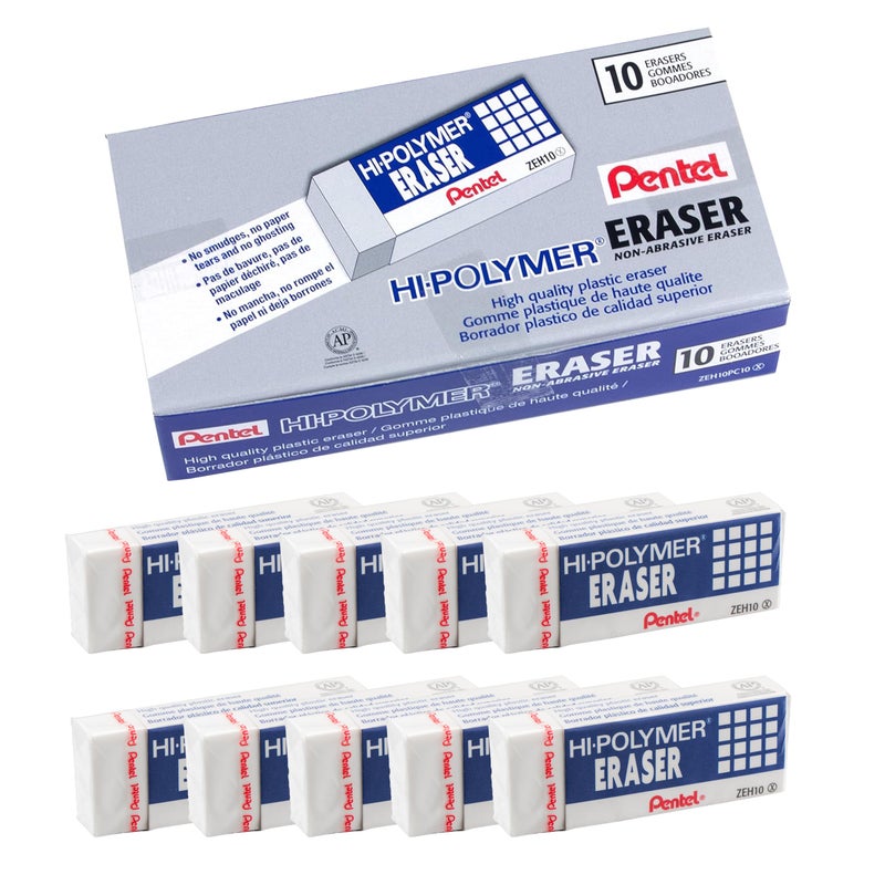 Pentel Hi-Polymer Block Eraser, Large, White, Pack of 10 Erasers (ZEH10PC10) - Image 1
