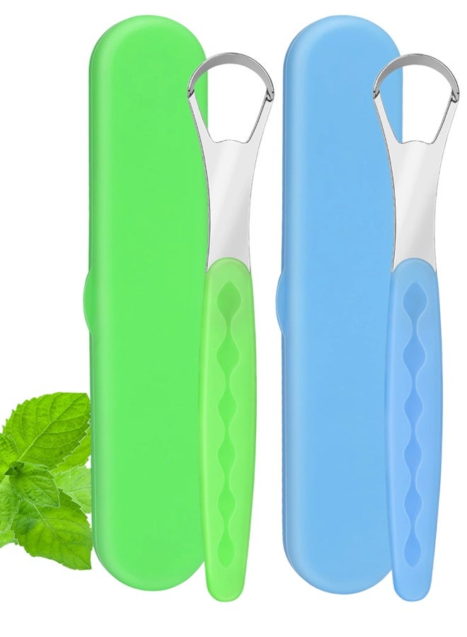 2 Pack Stainless Steel Tongue Scraper with Case, Light Blue Light Green, Metal Tongue Cleaner for Adults Kids, Reduce Bad Breath Oral Care for Home Travel Daily Use - Image 1