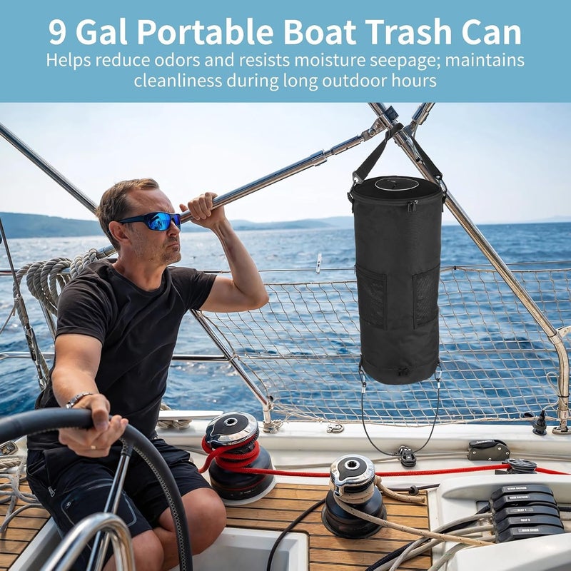 Hanging Boat Trash Can, 9 Gal Garbage Bag with Silicone Top Opening, Odor & Leak Resistant Oxford Cloth, Adjustable Straps, for Boats Rvs Camping - Image 2