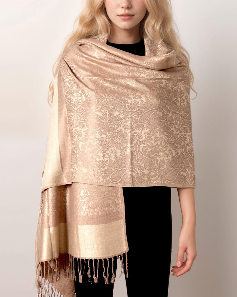 Achillea Two Tone Vintage Jacquard Paisley Pashmina Shawl Wrap Scarf (Taupe) - Image 2