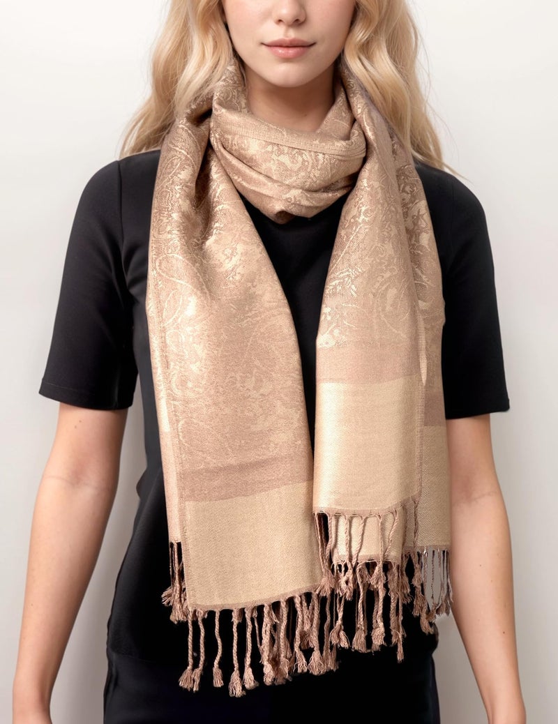 Achillea Two Tone Vintage Jacquard Paisley Pashmina Shawl Wrap Scarf (Taupe) - Image 3