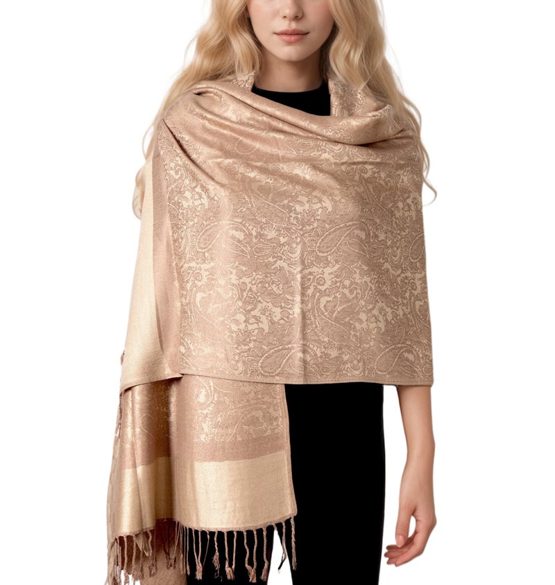 Achillea Two Tone Vintage Jacquard Paisley Pashmina Shawl Wrap Scarf (Taupe) - Image 1