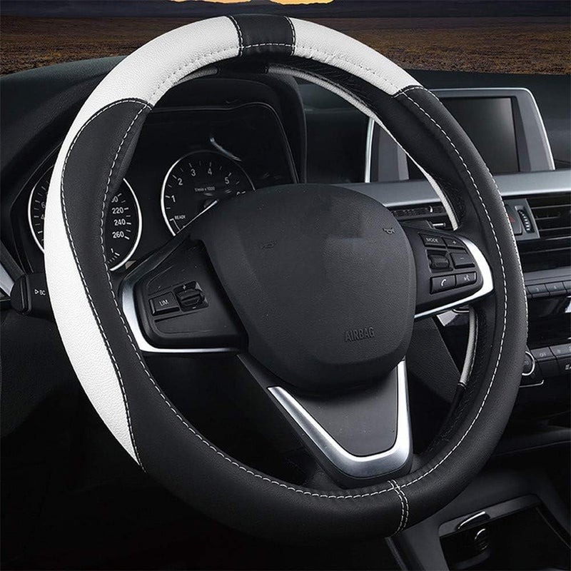 Coofig Durable PU Leather Steering Wheel Cover, Universal 15 Inch, Breathable and Non-Slip Car Steering Wheel Cover, Steering Wheel Cover for Men and Women (Black White) - Image 1