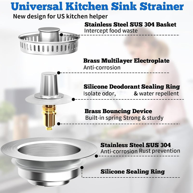 KASTWAVE Upgraded 3-in-1 Kitchen Sink Drain Stopper Strainer, Brushed Stainless Steel SUS 304 Pop-Up Plug, for Standard 3.5 Inch Drain, Anti-Clog Filter, Odor Blocker, Easy Clean & Durable - Image 5