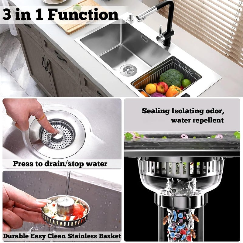 KASTWAVE Upgraded 3-in-1 Kitchen Sink Drain Stopper Strainer, Brushed Stainless Steel SUS 304 Pop-Up Plug, for Standard 3.5 Inch Drain, Anti-Clog Filter, Odor Blocker, Easy Clean & Durable - Image 2