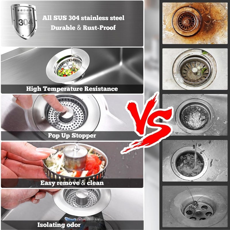 KASTWAVE Upgraded 3-in-1 Kitchen Sink Drain Stopper Strainer, Brushed Stainless Steel SUS 304 Pop-Up Plug, for Standard 3.5 Inch Drain, Anti-Clog Filter, Odor Blocker, Easy Clean & Durable - Image 3