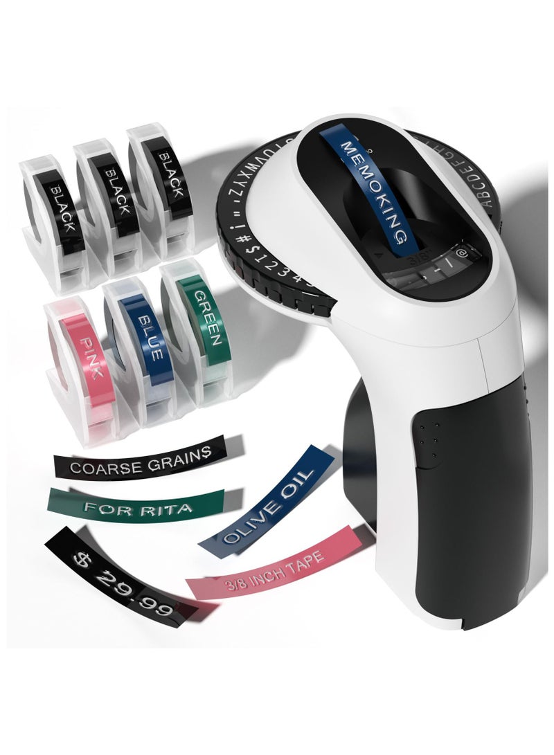 Memoking آلة تسمية النقش-E975 آلة تسمية النقش ثلاثية الأبعاد ، مجهزة بشريط نقش 6 لفات ، آلة تسمية نقش محمولة ، آلة تسمية نقش حروف ، مناسبة للمنزل والمكتب وDIY - Image 1