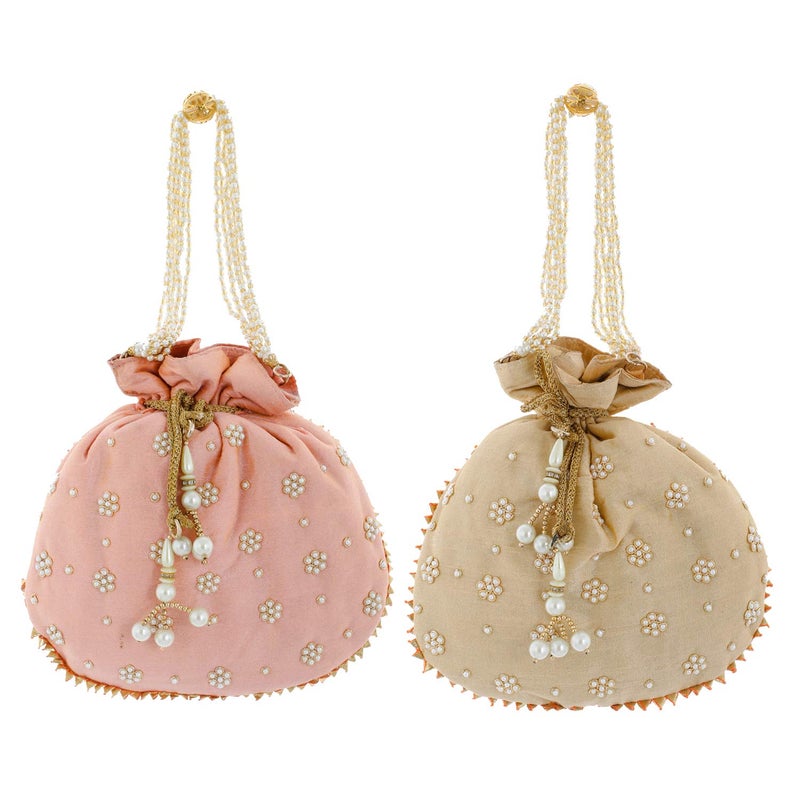 Kuber Industries Heart Home Ethnic Clutch Silk 2 Pieces Potli Batwa Pouch Bag with Beadwork Gift for Women Peach Gold CTHH13663 - Image 1