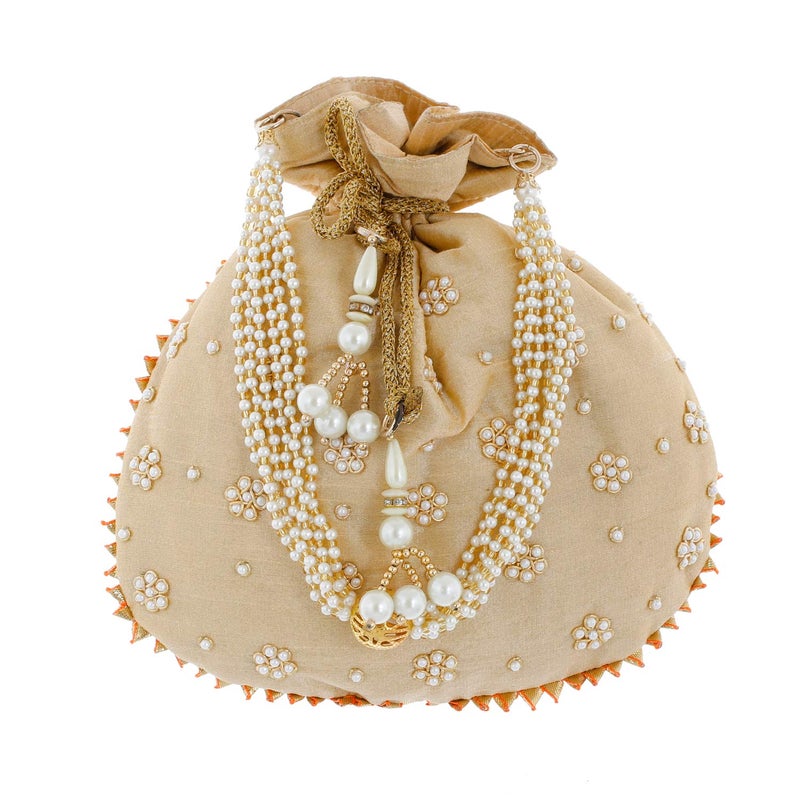 Kuber Industries Heart Home Ethnic Clutch Silk 2 Pieces Potli Batwa Pouch Bag with Beadwork Gift for Women Peach Gold CTHH13663 - Image 5