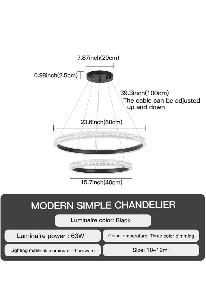 YATAI LIGHTING Modern LED Bedroom Chandelier, Black 2 Ring Chandelier for Living Room, Dining Room, and Study, Dimmable and Adjustable Height Chandelier Light, 10-12㎡,63W,3000-6000K  - Image 2