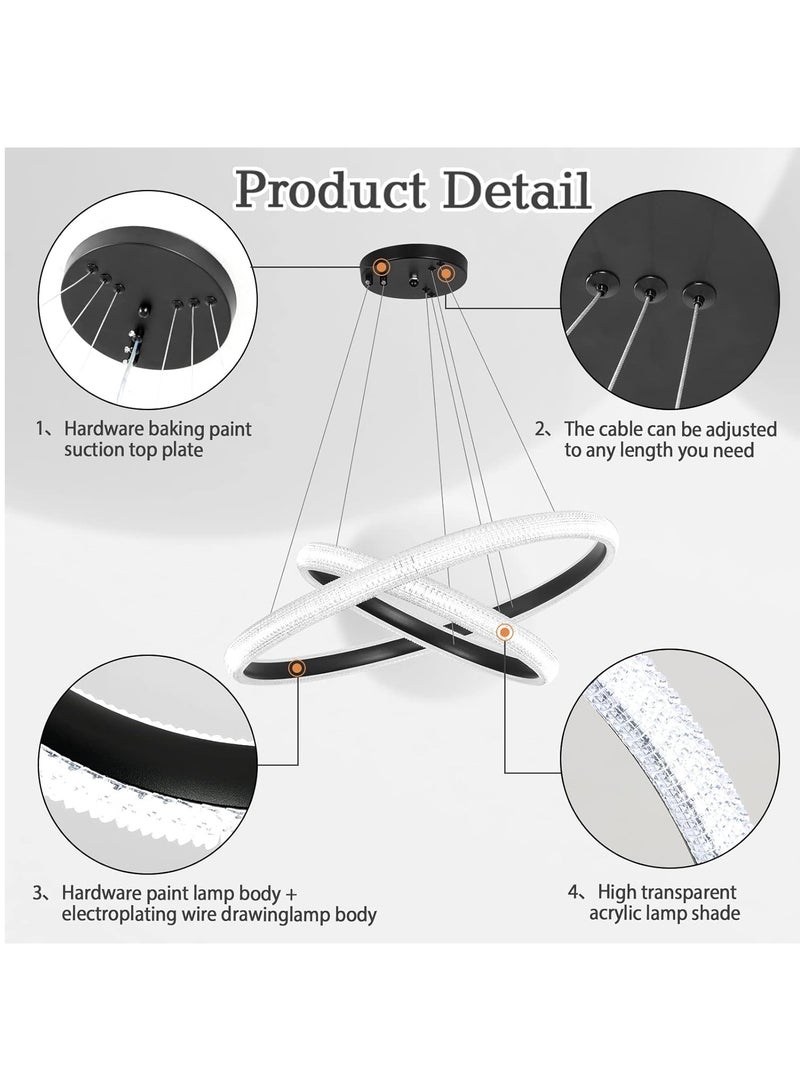 YATAI LIGHTING Modern LED Bedroom Chandelier, Black 2 Ring Chandelier for Living Room, Dining Room, and Study, Dimmable and Adjustable Height Chandelier Light, 10-12㎡,63W,3000-6000K  - Image 3