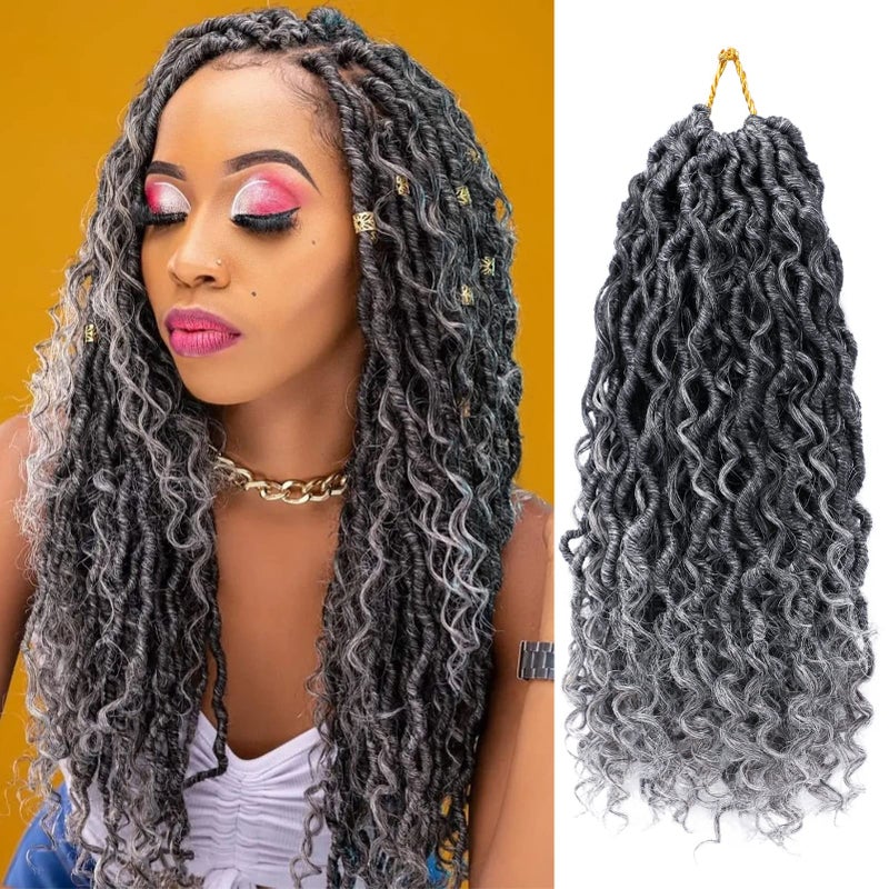 Dorsanee Goddess Locs Crochet Hair 14 Inch 7 Packs Ombre Grey Boho Faux Locs Crochet Hair for Black Women Pre Looped Crochet Locs with Curly Ends 1BGray