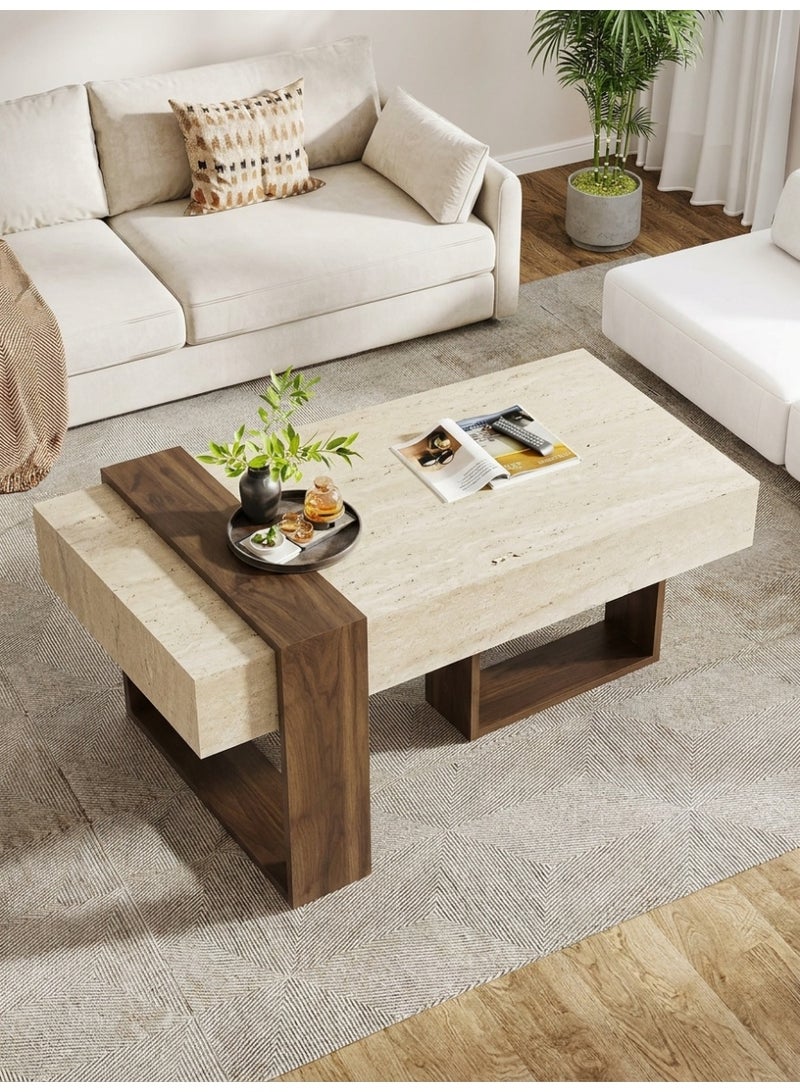 Living Modern Rectangular Wooden Service Table Beige and Brown Coffee Table | Luxury Living Room Tea Table with Contemporary Abstract Design - Image 1
