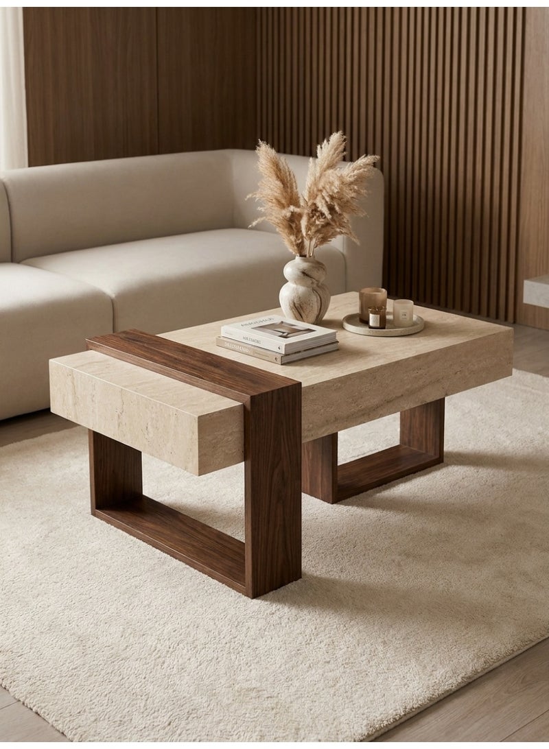 Living Modern Rectangular Wooden Service Table Beige and Brown Coffee Table | Luxury Living Room Tea Table with Contemporary Abstract Design - Image 2