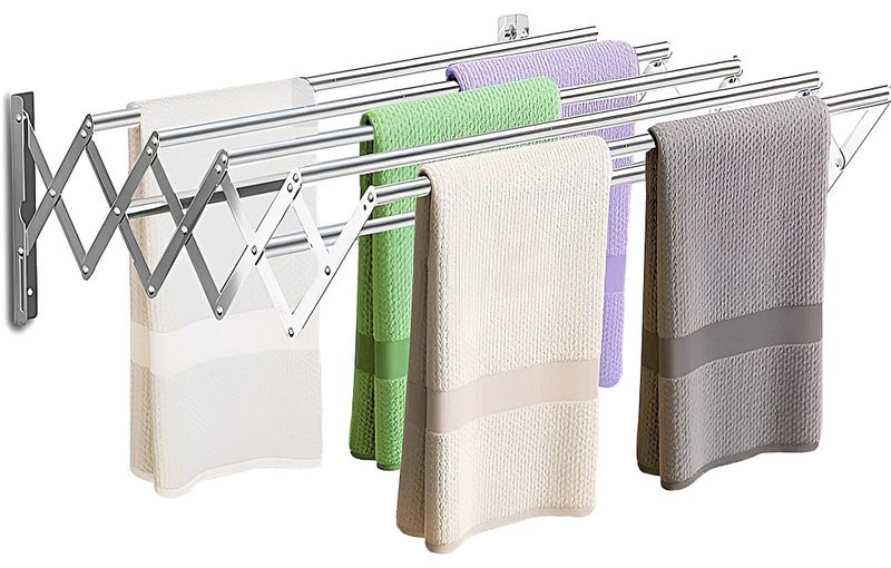 رف تجفيف ملابس قابل للطي مثبت على الحائط، رف تجفيف قابل للسحب مقاوم للصدأ، رف مناشف برج الغسيل/الحمام، رف تجفيف ملابس محمول - Image 1