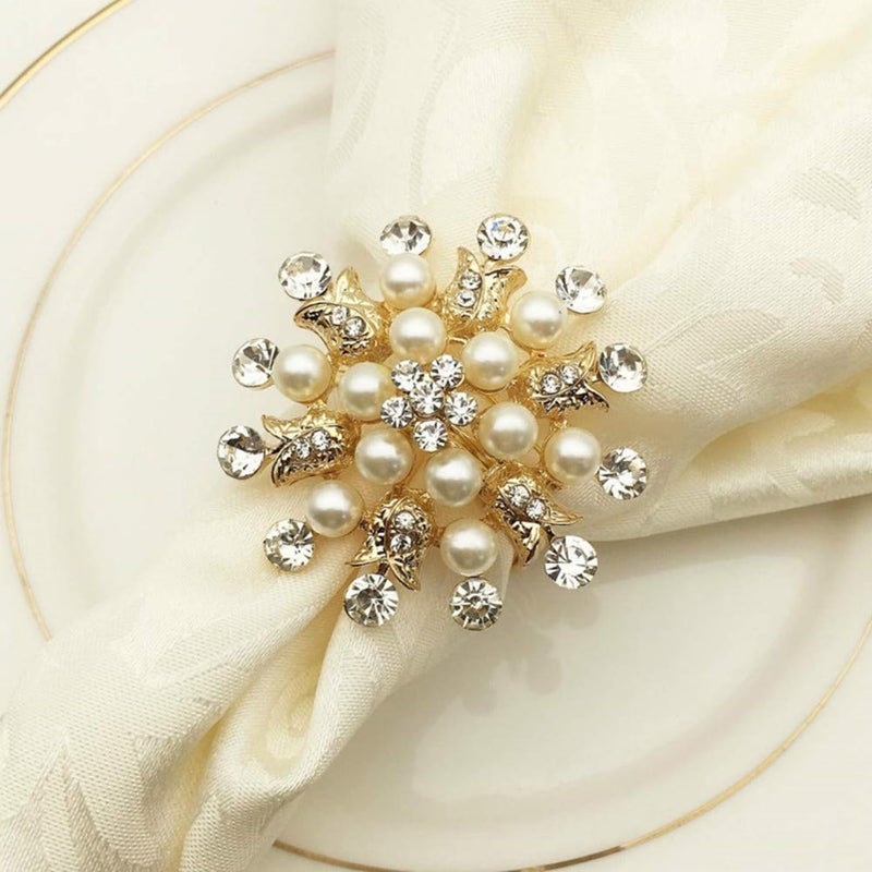 Joyindecor Gold Napkin Rings Set of 6  Flower Pearl Rhinestone Napkin Ring Holder for Wedding Party Home Kitchen Dining Table Linen Accessories Golden