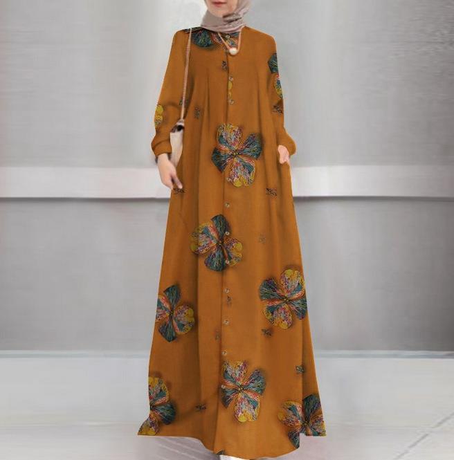 Spot cross-border foreign trade Womens cotton and linen printed shirt robe dress round neck vintage long sleeve large size dress Yellow tree - Image 5