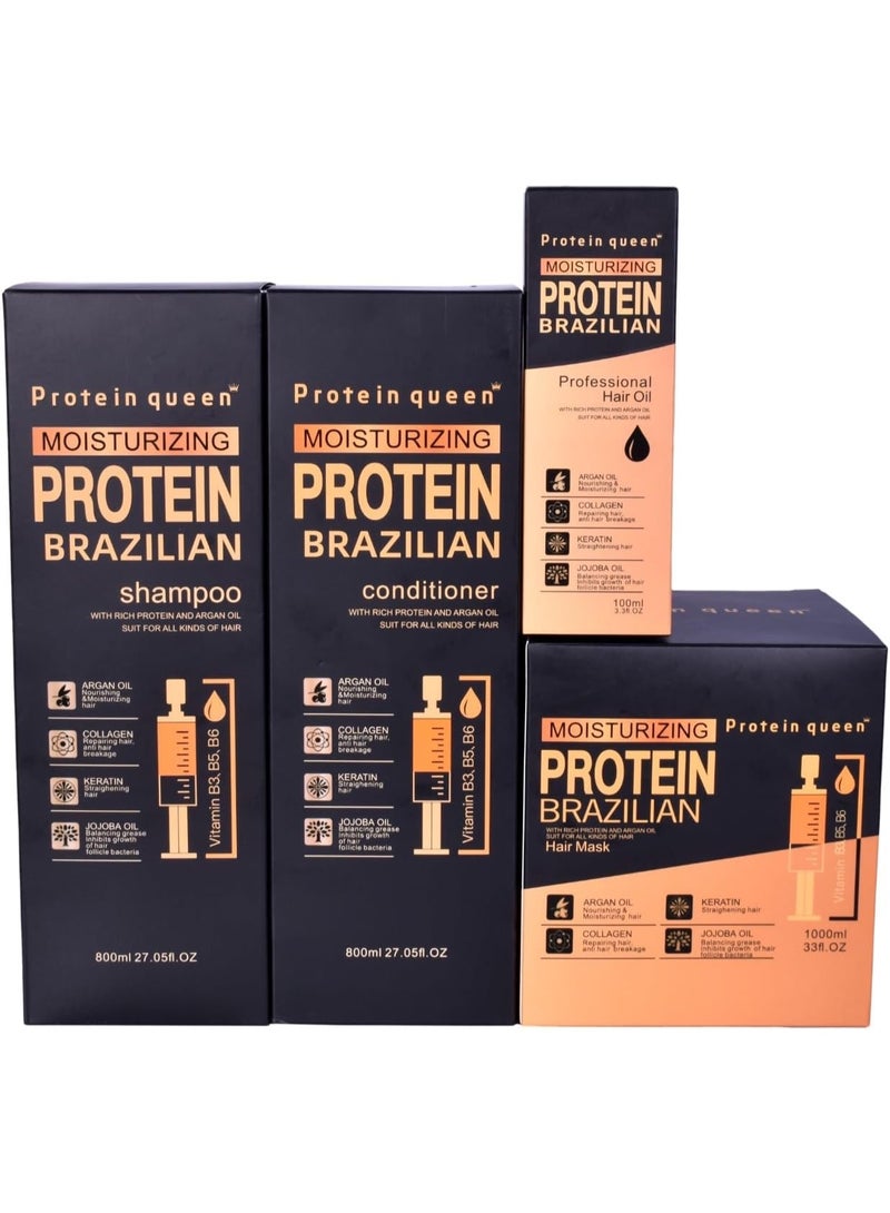 Protein Queen Brazilian Professional Hair Treatment Set, Keratine Moisturizing & Hair Loss Control, Repair, Nourishment. Featuring– SHAMPOO, CONDITIONER, MASK, OIL & Collagen AMPOULES – Sulfate-Free, Protein-Rich Formula (Hair Mask 1) - Image 3