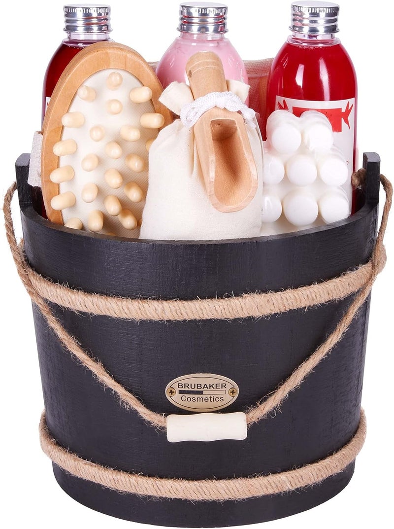 BRUBAKER Cosmetics Wooden Pail Spa Bath Gift Set Cranberry 9 Pieces