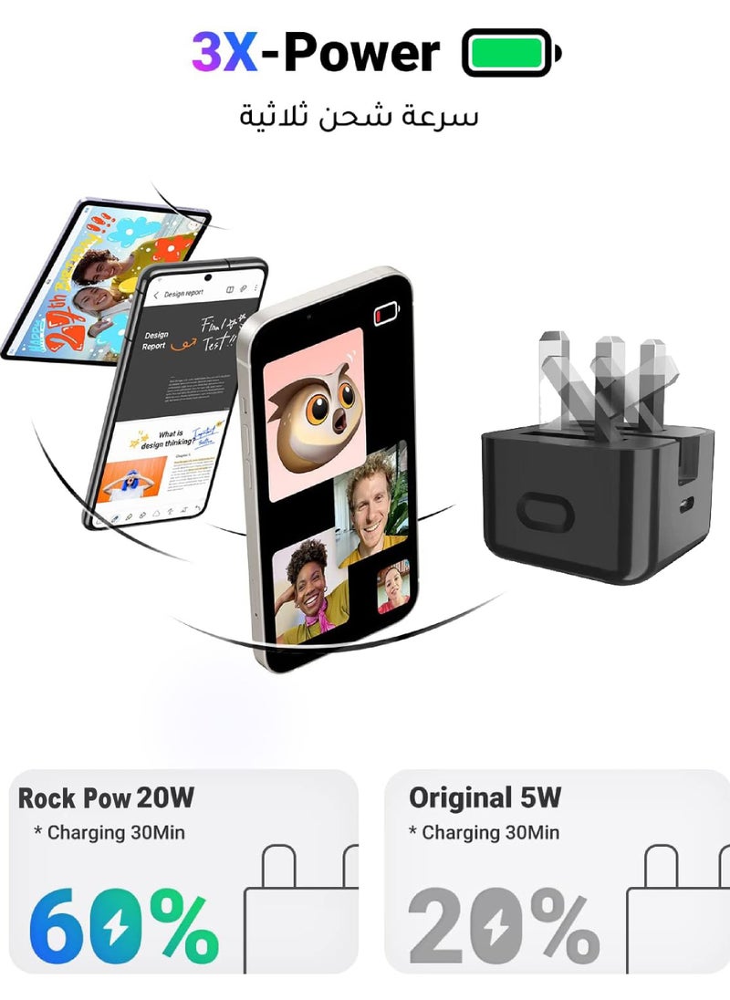 ROCK POW iPhone Charger Type C PD 20W Fast USB C Charger iPhone 16 Fast Charger Head Type-C Power Plug Universal Travel Adapter USB-C Plug for iPhone 16/16 Pro Max/16 Pro/16Plus/15/14/13/12,etc