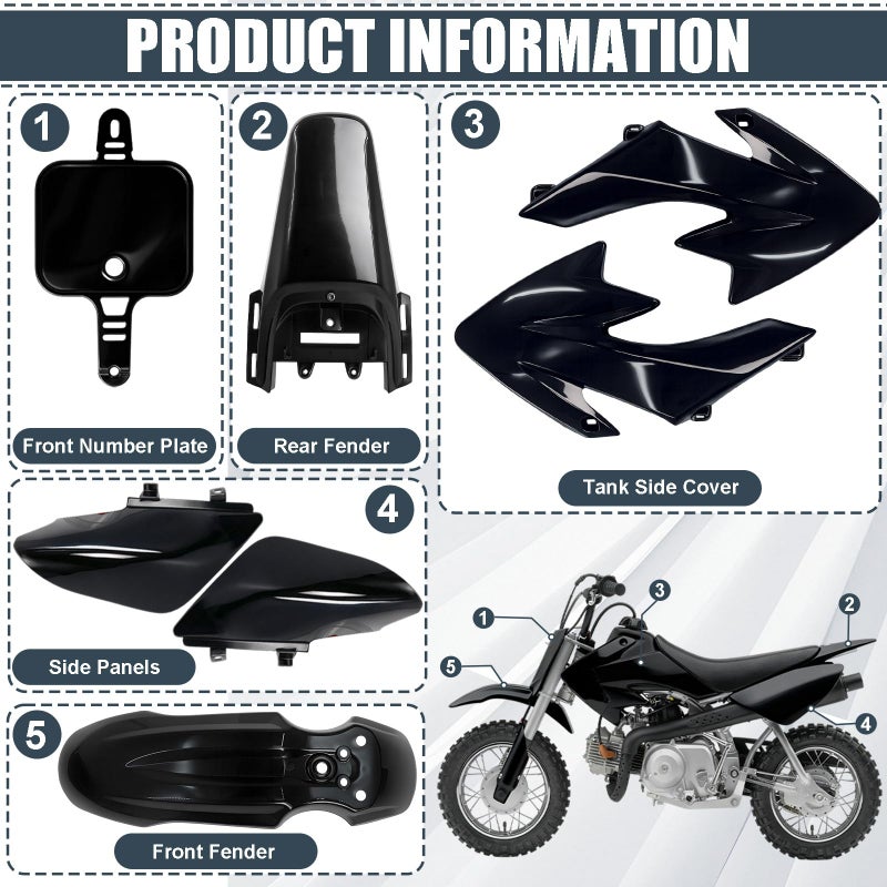 Podoy CRF50 Body Fender Kit for Compatible with XR50 XR 50 CRF 50 SDG SSR Pit Dirt Motor Trail Bike Black with Bolt Work Fairing Plastic (black) - Image 2
