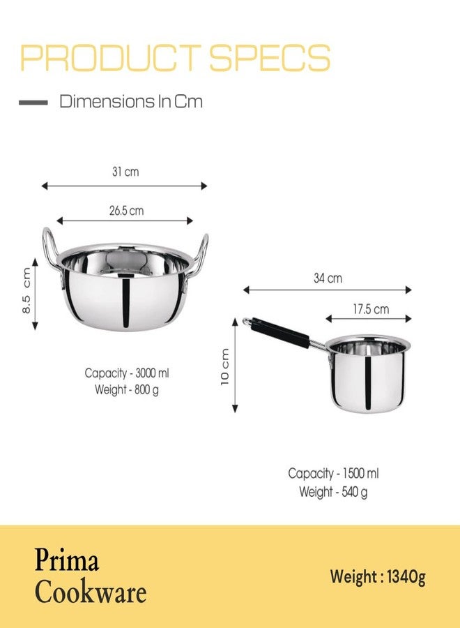 Chakmak Prima 2-Piece Cookware Set | Kadhai 26cm 3Ltr, Saucepan 18cm 1.5Ltr | Stainless Steel - Image 3