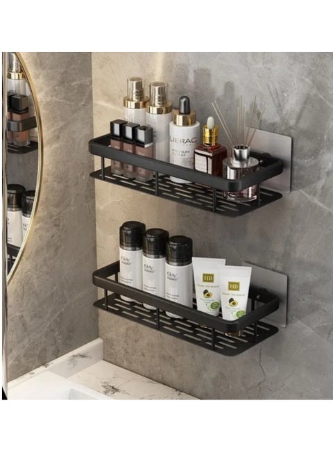 Bathroom Shelf, Set of 2, Shower Caddy, No-drilling Bathroom Organizer,  Self-Adhesive Bathroom Shelves, Aluminum Metal Shower Racks, Wall mounted Bathroom Rack (Black).