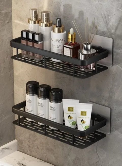 Bathroom Shelf, Set of 2, Shower Caddy, No-drilling Bathroom Organizer,  Self-Adhesive Bathroom Shelves, Aluminum Metal Shower Racks, Wall mounted Bathroom Rack (Black).