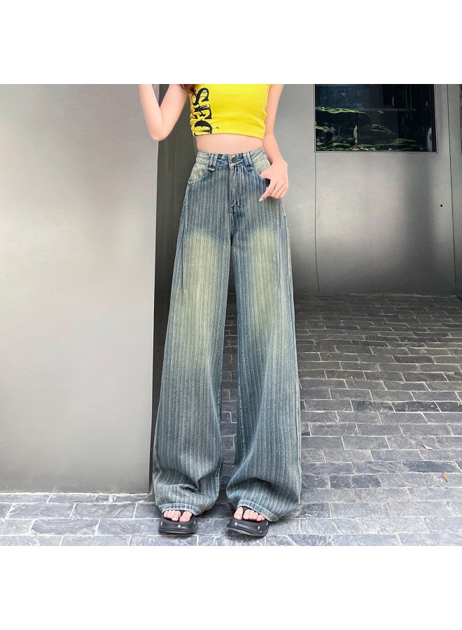 EPTISON Vintage High Street Women's Jeans - Summer 2025 Washed Straight Striped Loose Fit Slimming Floor-length Wide Leg Pants - Image 2