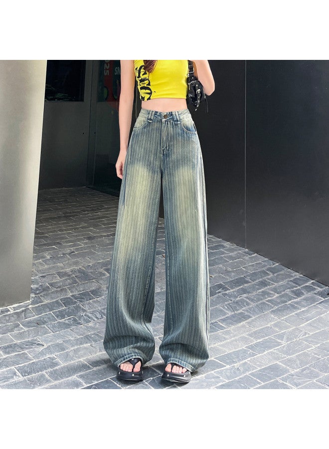 EPTISON Vintage High Street Women's Jeans - Summer 2025 Washed Straight Striped Loose Fit Slimming Floor-length Wide Leg Pants - Image 4