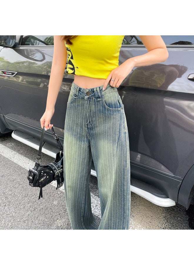 EPTISON Vintage High Street Women's Jeans - Summer 2025 Washed Straight Striped Loose Fit Slimming Floor-length Wide Leg Pants - Image 3