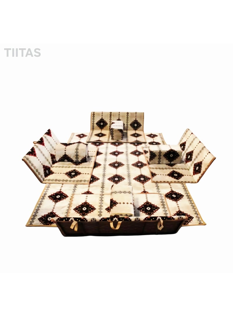 TIITAS Foldable 4-Ground Chair Set With Mat & 4 Armrest | 9 Pcs Set | Good For Home, Camping, Picnic & Outdoor Trips | Chair Size- Size- (120 W X 110 L X 45 H) CM, Mat Size- (300 X 200) CM Portable Camping Majlis Set for 8 Persons | Outdoor Picnic, Travel, Garden, Beach & Road Trips - Image 1