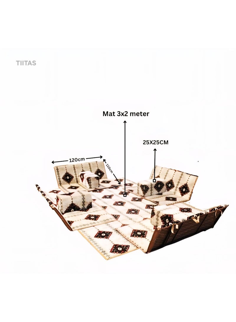 TIITAS Foldable 4-Ground Chair Set With Mat & 4 Armrest | 9 Pcs Set | Good For Home, Camping, Picnic & Outdoor Trips | Chair Size- Size- (120 W X 110 L X 45 H) CM, Mat Size- (300 X 200) CM Portable Camping Majlis Set for 8 Persons | Outdoor Picnic, Travel, Garden, Beach & Road Trips - Image 5