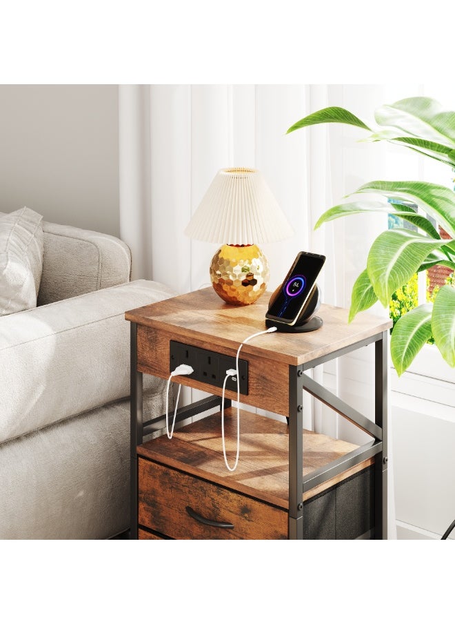 Apexll Nightstand with 2 Fabric Drawers, Charging Station with Dual AC Outlets, USB Ports & Shelf – Compact Bedside Table for Bedroom or Living Room  - Image 5