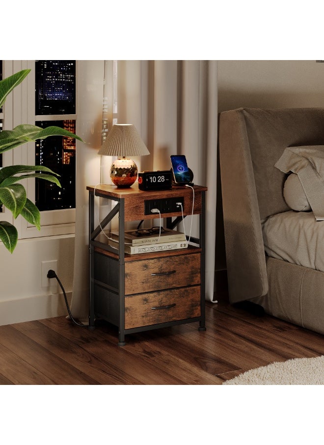 Apexll Nightstand with 2 Fabric Drawers, Charging Station with Dual AC Outlets, USB Ports & Shelf – Compact Bedside Table for Bedroom or Living Room  - Image 2