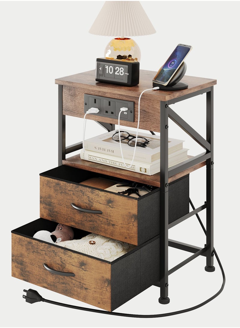 Apexll Nightstand with 2 Fabric Drawers, Charging Station with Dual AC Outlets, USB Ports & Shelf – Compact Bedside Table for Bedroom or Living Room  - Image 1