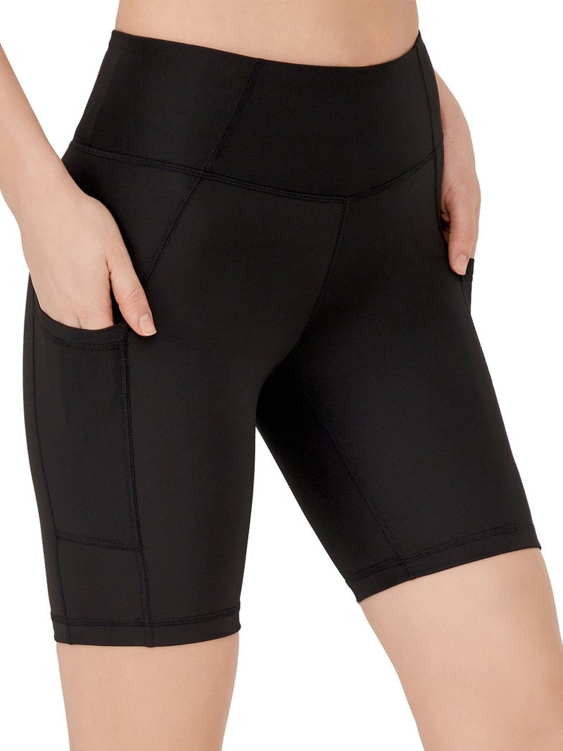 Los Ojos Women's Black High Waist Slimmer Double Pocket Biker Shorts Short Sport Leggings  - Image 1