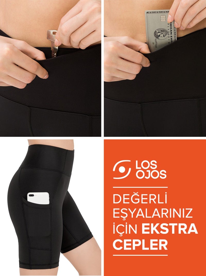 Los Ojos Women's Black High Waist Slimmer Double Pocket Biker Shorts Short Sport Leggings  - Image 5