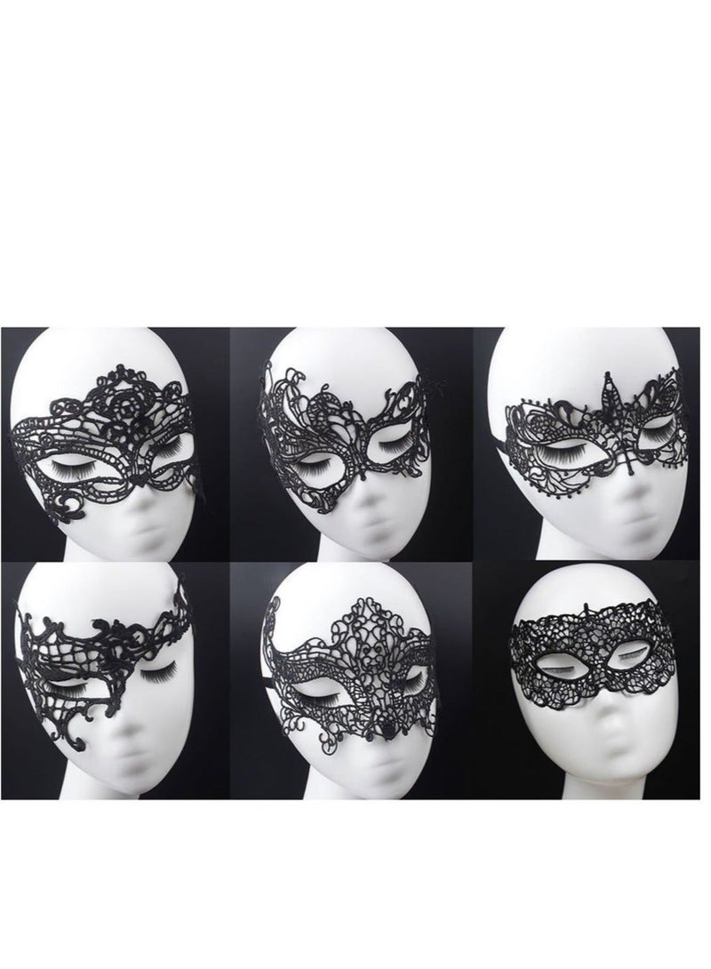 XiuWoo 6 Pieces Women Lace Eye Mask, Masquerade Masks Mysterious Face Venetian Eyemask for Carnival Party Costume Ball, Black - Image 1