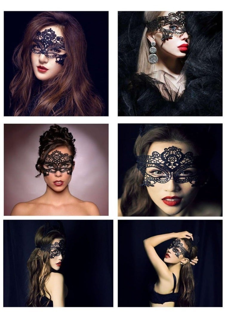 XiuWoo 6 Pieces Women Lace Eye Mask, Masquerade Masks Mysterious Face Venetian Eyemask for Carnival Party Costume Ball, Black - Image 2