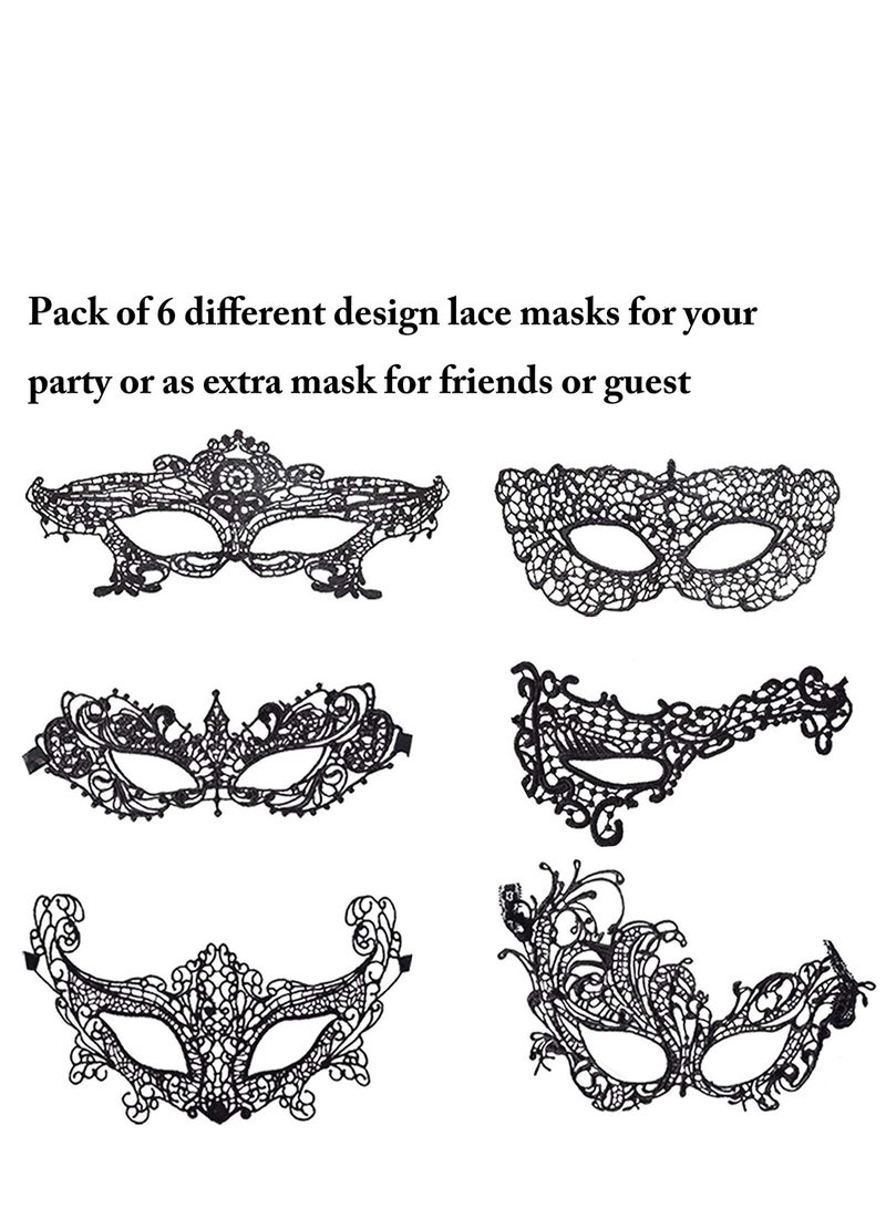 XiuWoo 6 Pieces Women Lace Eye Mask, Masquerade Masks Mysterious Face Venetian Eyemask for Carnival Party Costume Ball, Black - Image 4