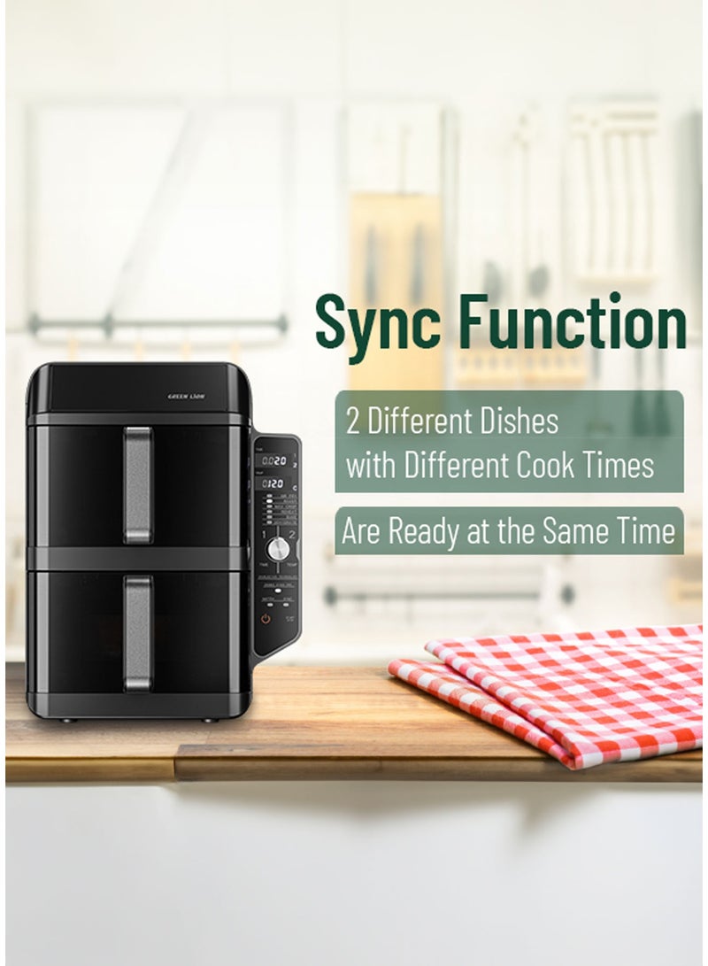 GREEN LION Double Decker Pro Digital Air Fryer Dual 11.2 Capacity with Rapid Air Circulation & Non Stick Coating / LED Touch Display / 5.6+5.6L Capacity / Stacked Meal Rack / Transparent Window AirFryer / 6 Preset Cooking Programs - Black - Image 4
