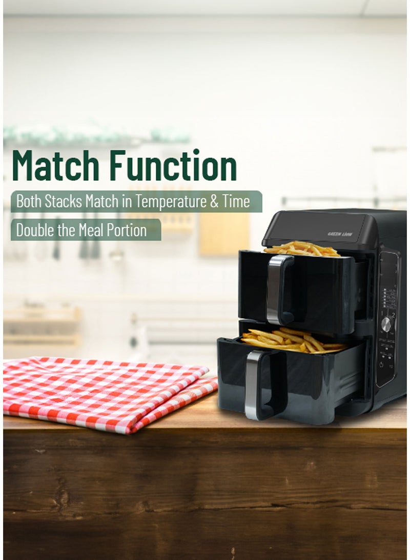 GREEN LION Double Decker Pro Digital Air Fryer Dual 11.2 Capacity with Rapid Air Circulation & Non Stick Coating / LED Touch Display / 5.6+5.6L Capacity / Stacked Meal Rack / Transparent Window AirFryer / 6 Preset Cooking Programs - Black - Image 3