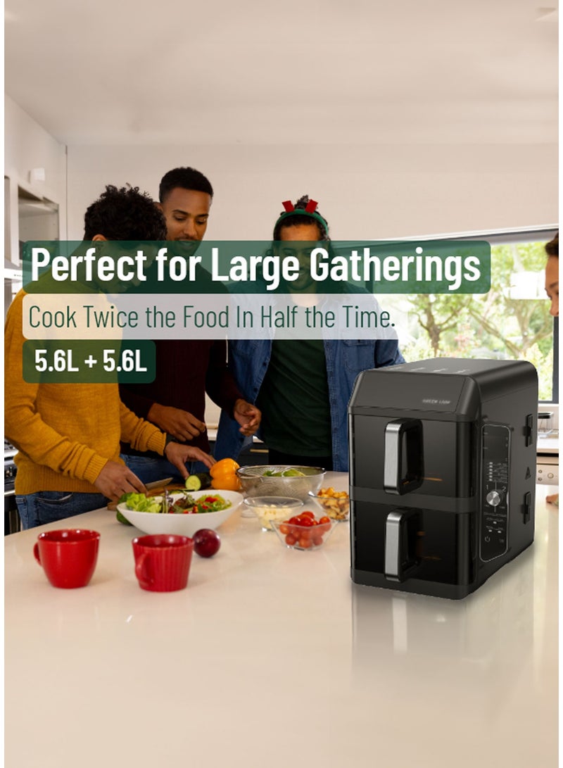 GREEN LION Double Decker Pro Digital Air Fryer Dual 11.2 Capacity with Rapid Air Circulation & Non Stick Coating / LED Touch Display / 5.6+5.6L Capacity / Stacked Meal Rack / Transparent Window AirFryer / 6 Preset Cooking Programs - Black - Image 2
