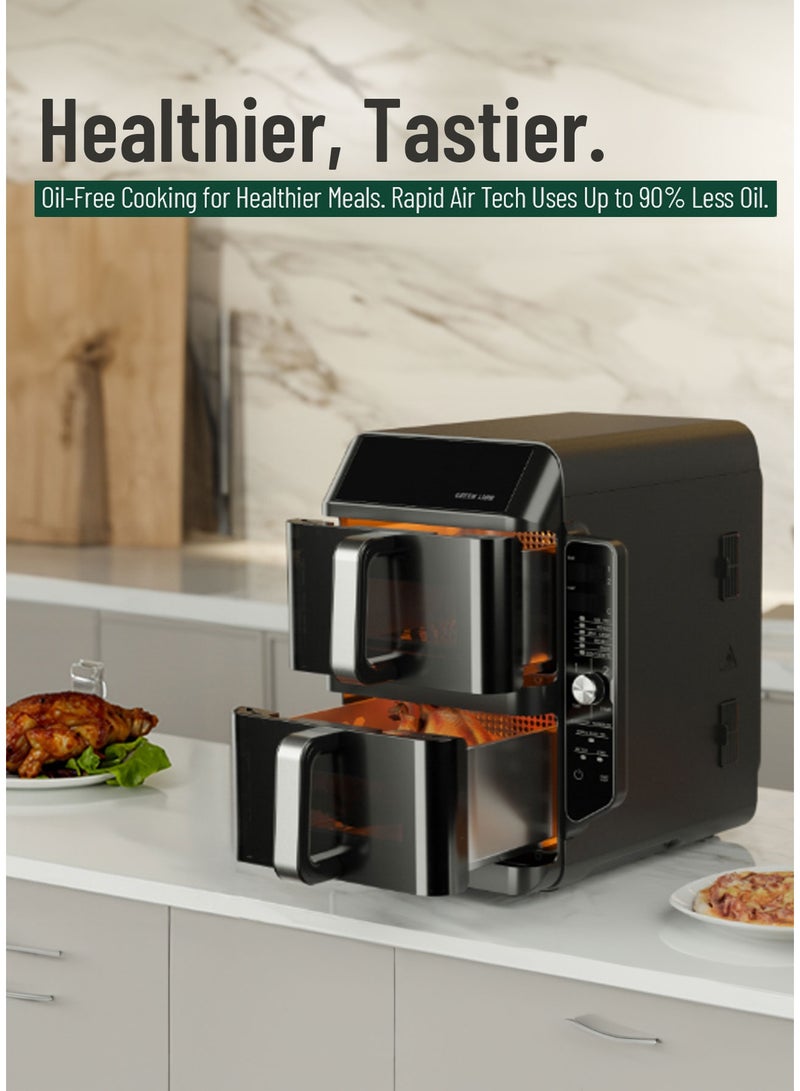 GREEN LION Double Decker Pro Digital Air Fryer Dual 11.2 Capacity with Rapid Air Circulation & Non Stick Coating / LED Touch Display / 5.6+5.6L Capacity / Stacked Meal Rack / Transparent Window AirFryer / 6 Preset Cooking Programs - Black - Image 5