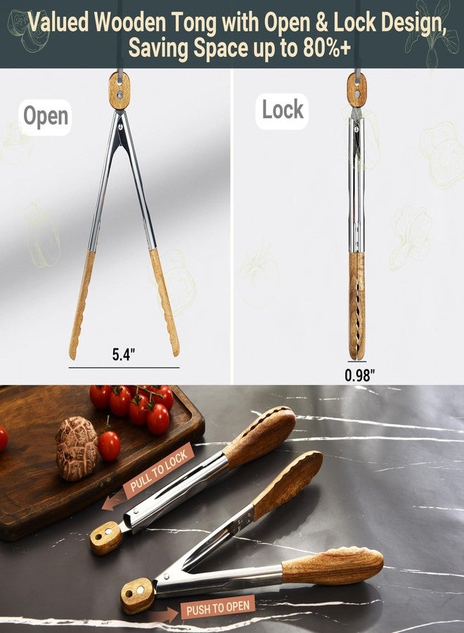 Edergoo Wood Cooking Utensils Set, 6 PCS Wooden Spoons for Cooking Includes Stainless/Wood Kitchen Tong, Natural Non-Stick Wooden Utensil Set with Non-Slip Notch Design & Hanging Hole - Image 2