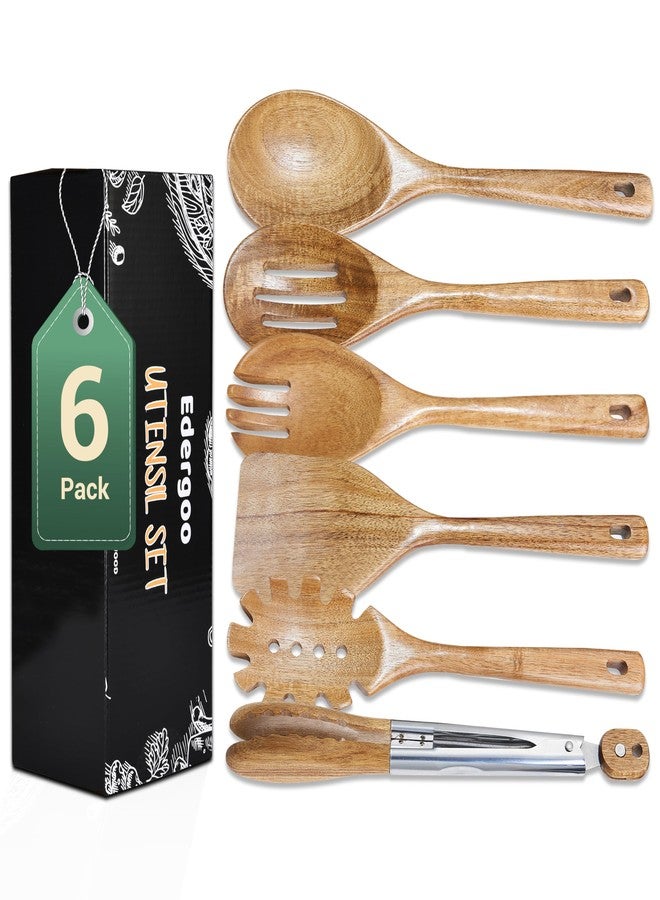 Edergoo Wood Cooking Utensils Set, 6 PCS Wooden Spoons for Cooking Includes Stainless/Wood Kitchen Tong, Natural Non-Stick Wooden Utensil Set with Non-Slip Notch Design & Hanging Hole - Image 1