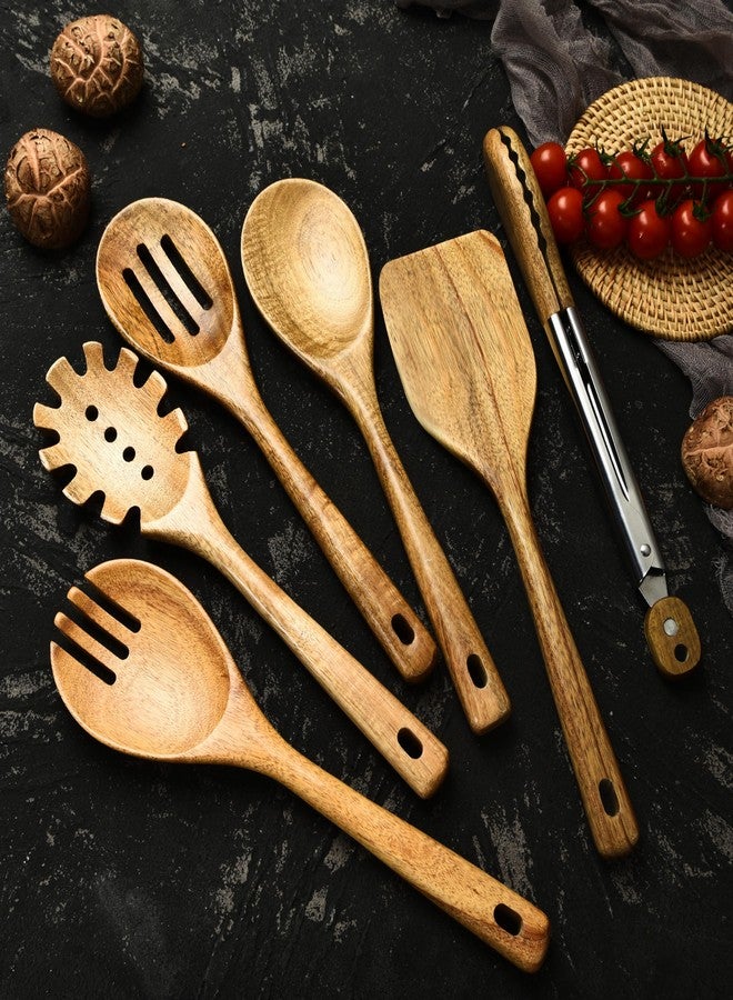 Edergoo Wood Cooking Utensils Set, 6 PCS Wooden Spoons for Cooking Includes Stainless/Wood Kitchen Tong, Natural Non-Stick Wooden Utensil Set with Non-Slip Notch Design & Hanging Hole - Image 5